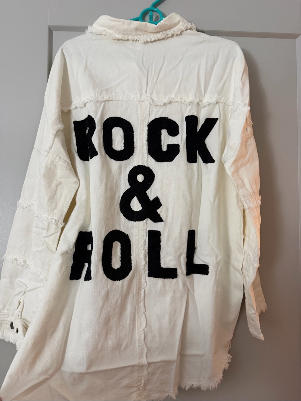 Elan White Overshirt Jacket with Black 'Rock & Roll' Applique